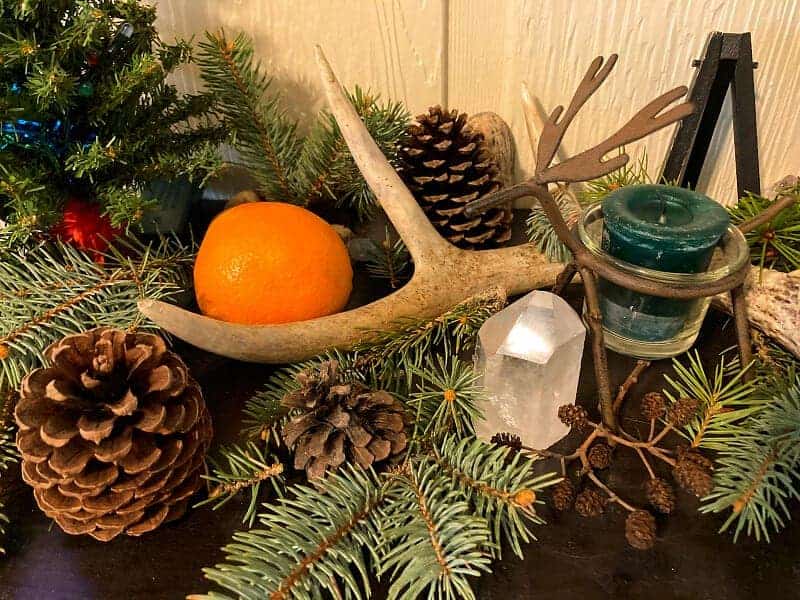 yule altar with evergreen branches, pinecones, antlers, and an orange