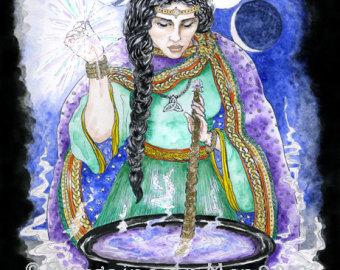 Cerridwen welsh moon goddess stirs a cauldron
