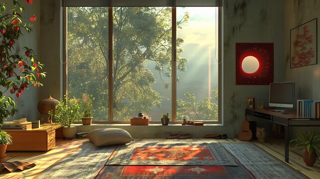 Brightly lit room with rug and meditation pillow